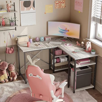 Bestier L Shaped Desk with Shelves 75 Inch Reversible Corner Computer Desk or 2 Person Long Table, Writing Study Desk for Home Office Small Space Bedroom Apartment, Wash White