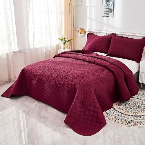 MarCielo 100% Cotton Quilt Set - 3-Piece Embroidered Farmhouse Bedspread & Shams, All-Season Breathable Bedding(Wine Burgundy,Queen (98" x 90")) - color: Wine Burgundy, size: Queen (98" x 90")