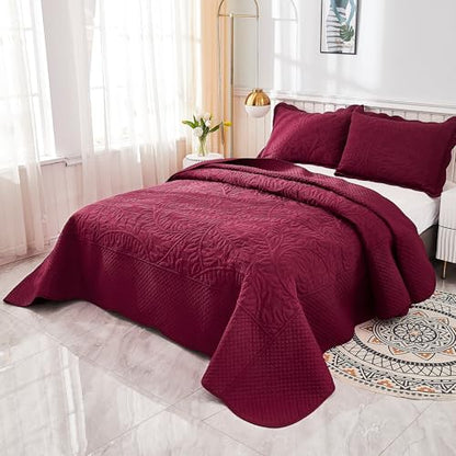 MarCielo 100% Cotton Quilt Set - 3-Piece Embroidered Farmhouse Bedspread & Shams, All-Season Breathable Bedding(Wine Burgundy,Queen (98" x 90")) - color: Wine Burgundy, size: Queen (98" x 90")