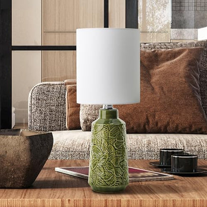 17.75" Green Ceramic Lamps Set of 2 with Leaves Design, Small Table Lamps | Green Table Lamps, Leaf-Patterns Ceramic Lamp, Retro Small Lamp for Living Room, Bedroom, Green Lamps for Nightstand Set of 2
