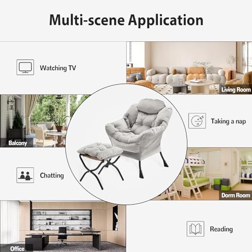 Youtanic Lazy Chair with Folding Ottoman, Accent Chair Velvet Upholstered with Metal Structure and Non-Slip Pads, Sofa Armchair with Footrest and Side Storage Bag for Dorm, Room, Office, Light Gray - color: Light Gray