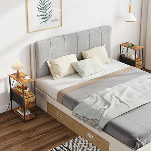 TUTOTAK Small Narrow End Table with Charging Station, Set of 2 | Side Table with Outlets, Nightstand with Cloth Drawer, Couch Table for Living Room, Bedroom, Bedside, Brown TB01BB058 - color: Brown, style: 1 Drawer & Plug