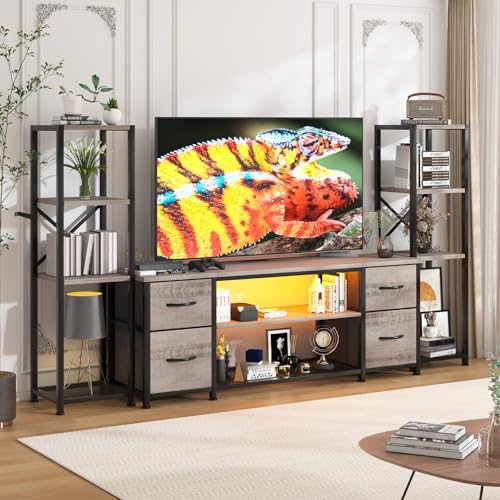 Yenlure LED TV Stand Bookshelf Combo with Charging Station for 65 60 55 Inch TV, Entertainment Center with Lights & Drawers, Industrial Media TV Console Table for Living Room Bedroom Office, Greige - color: Greige