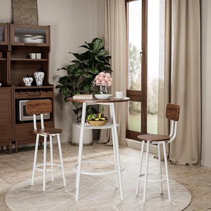 3-Piece Round Bar Table Set with Backrest & Partition, Counter Height Small Dining Table for 2, Includes 2 Foldable Stools, Sturdy MDF & Steel Frame for Kitchen/Dining Room (Brown+White) - color: Brown+white