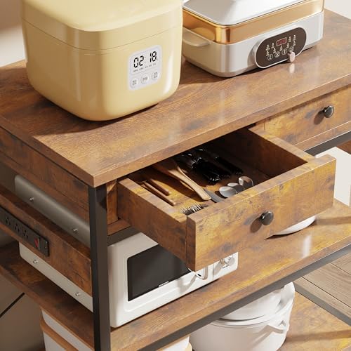 Mexin Bakers Rack with Power Outlets, 5-Tier Microwave Oven Stand with 2 Drawers, Kitchen Stand Coffee Bar Table with Storage, Heavy Duty Kitchen Shelves(Brown) - color: Rustic Brown