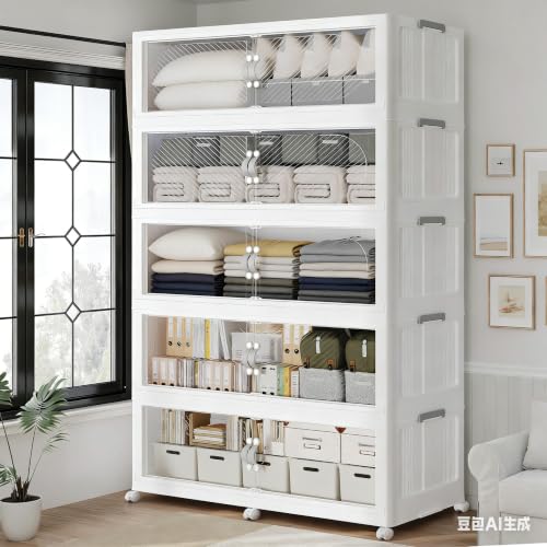 300Gal/1200QT 5-Tiers Extra Large Stackable Storage Bins with Lid, Collapsible Cabinet Closet Organizer Plastic Container Box with Wheels Doors Drawers for Office Dorm Kitchen, White - color: White, size: 60Gal-5Pack