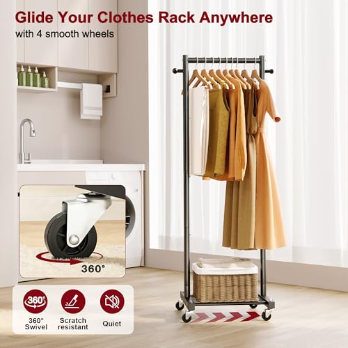 SLEEPING LAMB Small Clothes Racks for Hanging Clothes, Rolling Clothing Rack with Shelves, 60" Metal Garment Rack with Wheels Portable Wardrobe Rack for Small Space, Black - color: Black