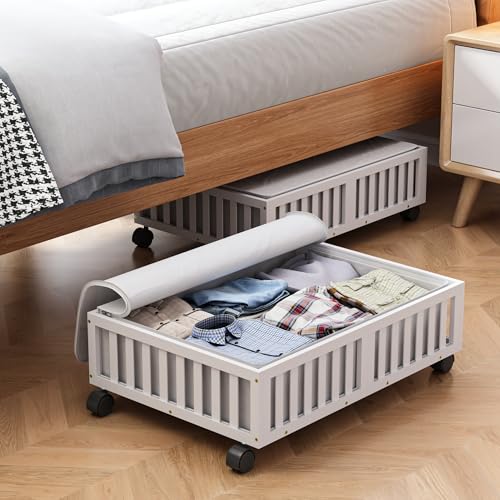 MHXW SXPN 2 Pack Bamboo Under Bed Storage Containers with Wheels, White | Underbed Drawer Storage with Bag, Wood Rolling Underbed Organizer for Shoes, Sheets Clothes Blanket Comforter, Under Crib Toy - color: White, size: 2 PCS (23.62"×16.54")