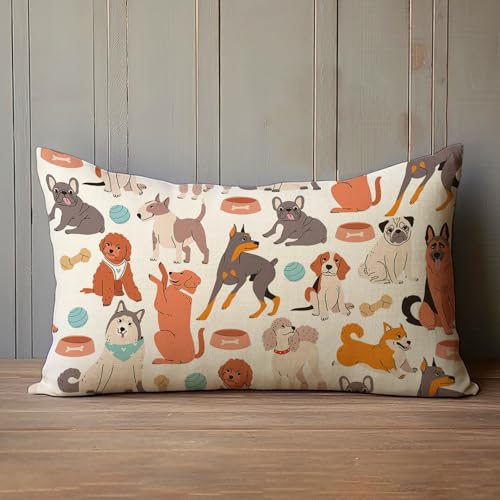 Fahrendom Cute Dogs Lumbar Decorative Rectangle Pillow Cover 12 x 20 | Puppy Golden Retriever German Shepherd Bulldog Porch Patio Pillowcase, Sofa Couch Cushion Case Home Decor Pet Owner Lover