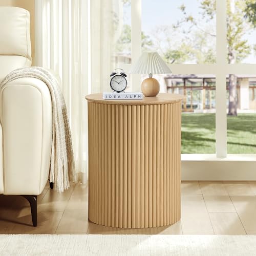 Round Fluted Side Table Set of 2, 17.7" Mid-Century Modern End Tables, Wooden Bedside Table Round Nightstand Small Circle Sofa Accent Table for Living Room, Bedroom Home(Natural) - color: Natural, size: 17.7"D x 17.7"W x 21.6"H