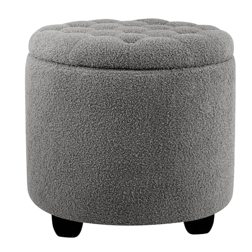 Modern Round Storage Ottoman, Upholstered Button Tufted Ottoman Footstool Ottomans with Removable Lid Storage Footstool for Living Room, Bedroom, Makeup Room, Teddy, Grey - color: Grey-1