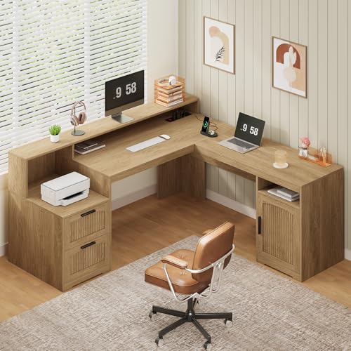 63" Fluted L Shaped Desk with Drawers & Printer Shelf for Home Office | Corner Computer Desk with Storage, Power Outlets, L Shaped Office Desk with Monitor Stand, Printer Shelf, Oak - color: Oak