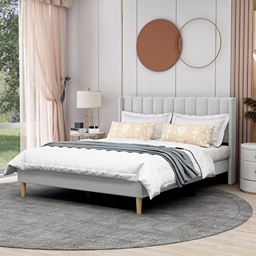 AGARTT Upholstered Platform Bed Frame Queen Size, Light Grey Linen | Headboard and Footboard/Wooden Slats Support/No Box Spring Needed/Easy Assembly - color: Light Grey Linen, size: Queen