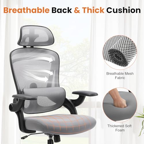 DUMOS Executive Home Office Chair, Ergonomic Computer Desk Chair, Mesh | 300 LBS, High Back, 2D Headrest, Adjustable Lumbar Support, Flip-up Armrests, Swivel Wheels, Classic Gray - color: Classic Gray
