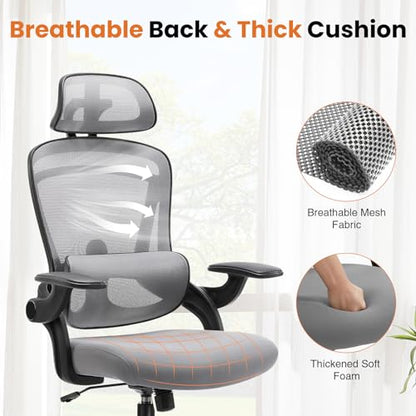 DUMOS Executive Home Office Chair, Ergonomic Computer Desk Chair, Mesh | 300 LBS, High Back, 2D Headrest, Adjustable Lumbar Support, Flip-up Armrests, Swivel Wheels, Classic Gray - color: Classic Gray