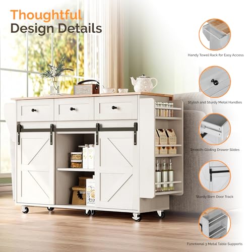 VINGLI 52" W Kitchen Island with Storage and Drop Leaf, Washed White | Farmhouse Rolling Cart with 3 Drawers, Sliding Barn Doors, Adjustable Shelves, Side Rack and Locking Wheels - color: White 2-box