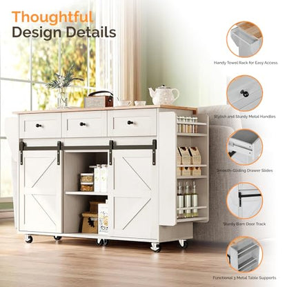 VINGLI 52" W Kitchen Island with Storage and Drop Leaf, Washed White | Farmhouse Rolling Cart with 3 Drawers, Sliding Barn Doors, Adjustable Shelves, Side Rack and Locking Wheels - color: White 2-box