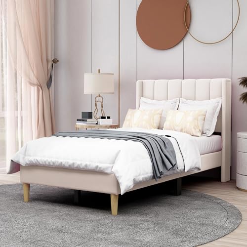 AGARTT Upholstered Platform Bed Frame Twin Size, Beige Velvet | Headboard and Footboard/Wooden Slats Support/No Box Spring Needed/Easy Assembly - color: Beige Velvet, size: Twin