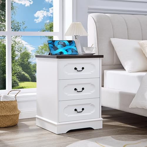 3 Drawer Dresser for Bedroom White Bedroom Dresser with Charging Station | Farmhouse Wood Chest of Drawers, Rustic Small Drawers Dressers Nightstand Wooden Closet Storage Cabinet, Living Room - color: White, size: 15.7"D x 17.7"W x 26.2"H (3 Drawers)