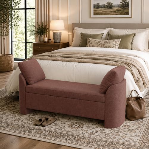Usaint 58.3" Upholstered Storage Ottoman Bench with 2 Pillows, Rusty Red | End of Bed Bench with Curved Arms and Thickened Seat Cushion for Bedroom, Livingroom, Window, Entryway and Dressing Areas - color: Rusty Red