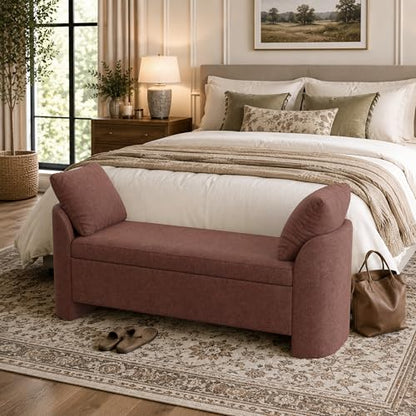 Usaint 58.3" Upholstered Storage Ottoman Bench with 2 Pillows, Rusty Red | End of Bed Bench with Curved Arms and Thickened Seat Cushion for Bedroom, Livingroom, Window, Entryway and Dressing Areas - color: Rusty Red