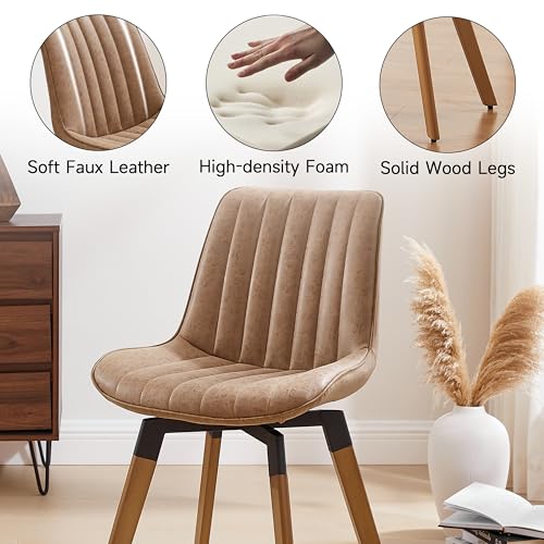 Mid Century Upholstered Swivel PU Dining Chairs Set of 4 Brown | 360° swivel curved foam-padded seat armless design dining room chairs accent chairs solid wood legs floor protection pads - color: Brown, size: Set of 4-PU