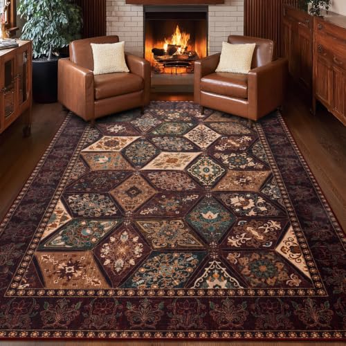 Vintage Area Rug 4x6, Washable Distressed Patchwork Rug for Bedroom, Brown | Elegant Floral Entryway Carpet with Non Slip Low Pile, Moroccan Burgundy Design for Living Room Nursery Office - color: Brown/Burgundy, size: 4x6 Feet