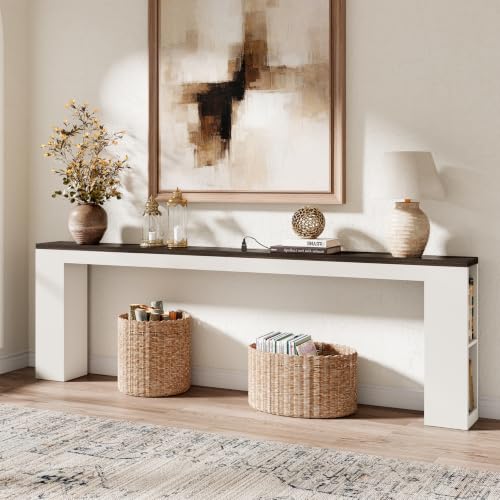 94.5" Behind Sofa Couch Table with Outlet & Side Shelves, White | Extra Long Console, 94.5"L, Narrow Console Table with USB Charging & Storage Shelf, Skinny for Entryway Hallway - color: White