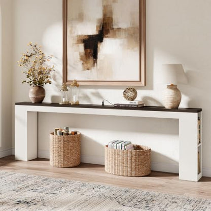 94.5" Behind Sofa Couch Table with Outlet & Side Shelves, White | Extra Long Console, 94.5"L, Narrow Console Table with USB Charging & Storage Shelf, Skinny for Entryway Hallway - color: White