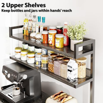 Mexin Baker's Rack with Power Outlet, 5-Tier Kitchen Storage Shelf with 2 Drawers, Industrial Microwave Stand Coffee Bar Station, 58.5" Heavy Duty Utility Rack for Spice Pots and Pans, Gray Oak - color: Gray Oak