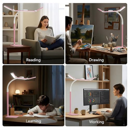 LED Desk Lamp for Home Office with Base, 28.2" Adjustable Gooseneck Swing Arm Bright Desk Light, Dimmable Architect Table Lamp for Desktop Computer Light, Reading, Study, Workbench（Pink） - color: Pink