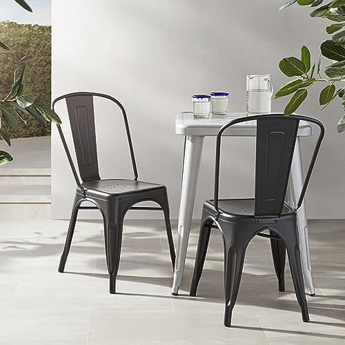 Amazon Basics Metal Dining Chairs, Easy to Assemble, Indoor/Outdoor, Stackable, Matte Black, 4-Pack - color: Matte Black