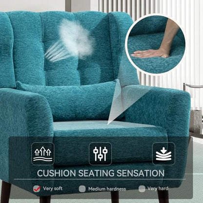 Accent Chair Set of 2, Upholstered Armchair with Pillow, Fabric Single Sofa Chair with Lounge Seat and Wood Legs Accent Chair for Living Room Small Spaces (Teal) - color: Teal, size: Set of 2