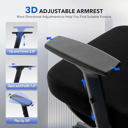 Ergonomic Office Chair Mesh – Adjustable Lumbar 3D Armrests High-Back Desk | Breathable Mesh Backrest; Seat Height & Tilt-Angle Adjustment; Smooth-Rolling Casters; Easy To Assembly, For Home, Office - color: Black-df