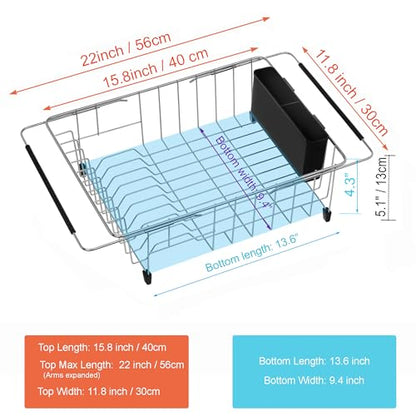 Expandable Multifunctional Dish Drying Rack, Over The Sink, in Sink Or On Counter Dish Drainer Basket Shelf with Black Utensil Silverware Holder, Rustproof Stainless Organizer - color: Black