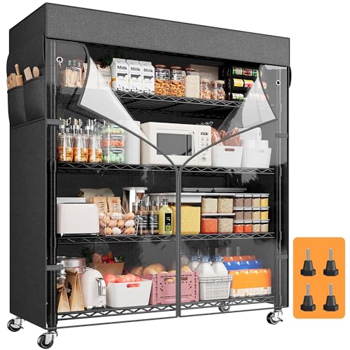 REIBII 72.8"H 5-Tier Heavy Duty Storage Shelving with Cover & Wheels,Pantry | 35''W x 16''D, Waterproof UV-resistant cover, Lockable wheels, Height adjustable, Tool-free assembly, Garage/kitchen/patio - size: 35" W x 16" D x 72.8" H