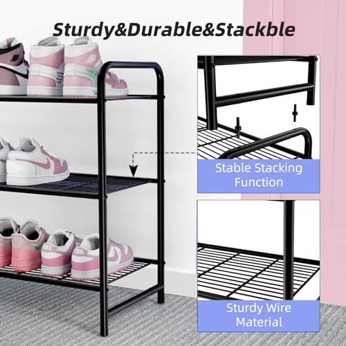 Ekisemio 3-Tier Long Metal Shoe Rack, Wide Stackable Shoe Organizer for Closet & Entryway, with Sturdy Wire Grid Storage Shelf for Bedroom, Black - size: 11.5"D x 43"W x 23.25"H