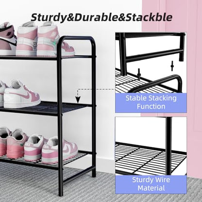Ekisemio 3-Tier Long Metal Shoe Rack, Wide Stackable Shoe Organizer for Closet & Entryway, with Sturdy Wire Grid Storage Shelf for Bedroom, Black - size: 11.5"D x 43"W x 23.25"H