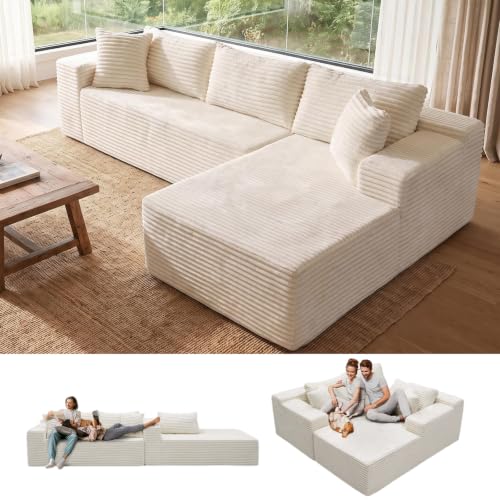 Boneless Couch Modular Sectional Sofa Cloud Couch | Oversized Deep-Seat Wide-Wale Corduroy L-Shaped Sectional Couch for Living Room, Apartment and Family Room - color: White 96'' Right Facing Chaise