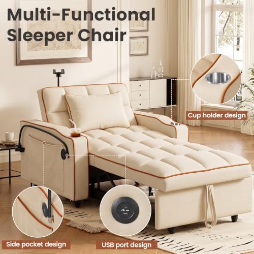 Sleeper Chair with USB Port, 3 In1 Pull Out Sofa Bed, White | Adjustable Backrest,Soft Cushioning,Handy Side Pocket,Cup Holders,Phone Holder - color: D-white-g2