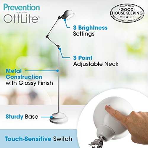OttLite Prevention Pharmacy LED Floor Lamp, Adjustable, White | ClearSun LEDs Reduce Eyestrain | 3-Point Adjustable Neck | 3 Brightness Settings