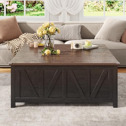 chartustriable 43.3“ Lift Top Coffee Table with Storage, Farmhouse Coffee Table with Large Hidden Storage Compartment and Shelves，Square Center Tables for Living Room, Tea Table Black - color: Black
