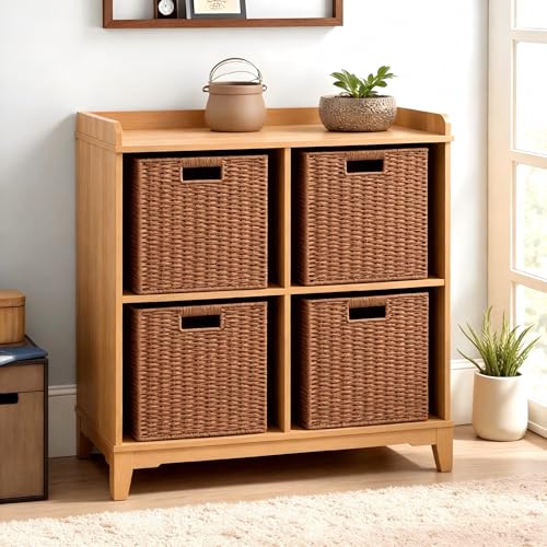 UBBCARE 3 Pack Wicker Basket, 11L×11H×10.5W inch Woven Paper Rope Storage Baskets for Shelves, Foldable Cube Storage bin with Handle, Storage Basket for Organizing & Decor,Caramel - color: Caramel, size: Cube-3pack 11"×11"×10.5"