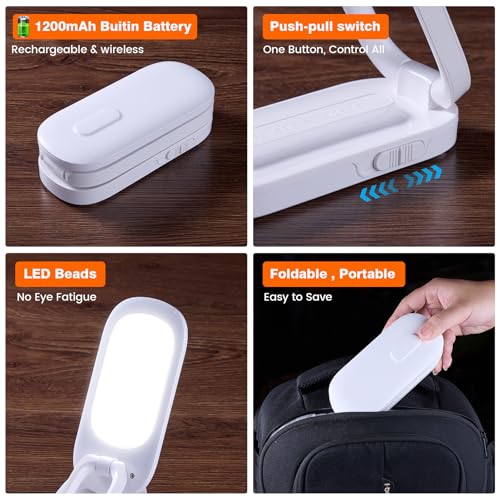 Foldable LED Desk Lamp, Rechargeable Battery Operated Portable Light with 3 Brightness Levels, 180° Adjustable Eye-Caring Mini Lamp for Home Office, Reading & Travel (White)