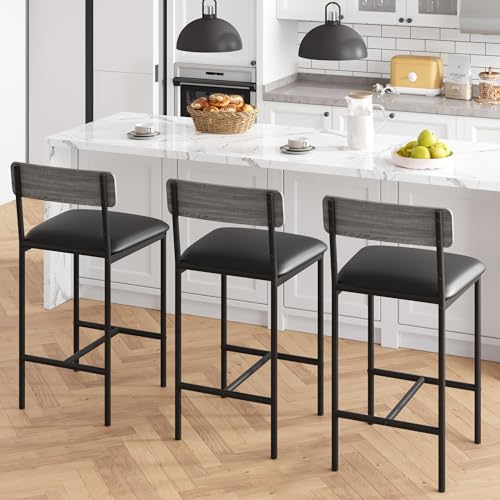 Bar Stools Set of 2, Kitchen Bar Stools with Footrest, Upholstered Bar Chairs with Back, 2 Counter Height Barstools for Counter Bar, Island - color: Grey（chair）