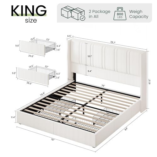 King Size Bed Frame with 4 Storage Drawers and Wingback Headboard Linen Upholstered Platform Bed Frame with Wooden Slats, Easy Assembly, White | 4 Storage Drawers, Linen Upholstered Wingback Headboard, No Box Spring Needed, Easy Assembly - color: White, s