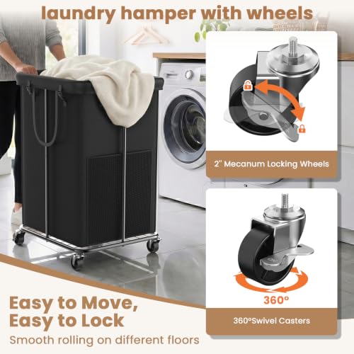 150L Large Laundry Hamper with Wheels, Rolling Laundry Basket | Removable Laundry Bag | Metal Frame | Oxford Fabric Dirty Clothes Hampers for Bedroom, Laundry Room, Bathroom, Dorm | Black - color: Black