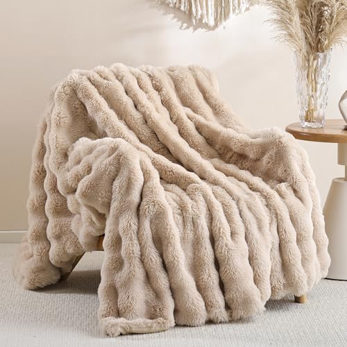 Faux Rabbit Fur Throw for Couch - Linen Bubble Blanket 50"x60" | Fluffy Plush Fuzzy Throw for Sofa & Bed, Super Soft Cozy Comfrt Blanket, Luxury Aesthetic Linen Decor Gift for Women - color: Linen, size: Throw(50" x 60")