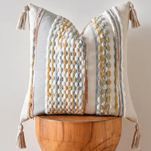 Chenille Striped Textured Boho Throw Pillow Covers Aesthetic with Tassels Woven Decorative Pillow Case for Couch Bed Sofa Bedroom Modern Funky 18 x 18-Inch Grey - color: Grey, size: 18" x 18" (Pack of 1)