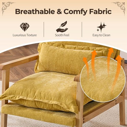Karl home Plush Chenille Accent Chair with Lumbar Pillow & Ruffled Design Cozy Lounge Chair for Living Room, Bedroom, Reading Corner, Yellow